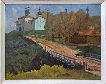VINTAGE TEMPERA MALEREI, Landschaftsmalerei, Original Temperagemälde auf Leinwand des Ukrainischen Künstlers O.Vasilyev, Ferapontovo, 1988