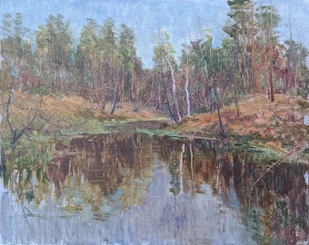 PEINTURE À L'HUILE VINTAGE Peinture à l'huile sur carton unique en son genre par l'artiste ukrainien soviétique I.Vorobiov, Rivière dans la forêt, années 1960.