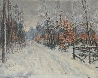 PEINTURE À L'HUILE VINTAGE Unique en son genre, peinture à l'huile originale sur carton par l'artiste ukrainien soviétique I.Vorobiov Road dans la neige des années 1970