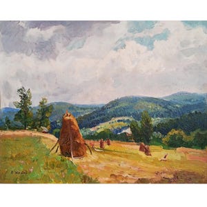 PINTURA AL ÓLEO VINTAGE Pintura al óleo original del artista ucraniano A.Zhezher, Almiares con fondo de montañas, década de 1970, Arte de la naturaleza