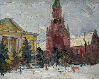 PEINTURE À L'HUILE VINTAGE Peinture de paysage Peinture originale sur carton par l'artiste ukrainien soviétique M. Borymchuk Tour de la forteresse en hiver des années 1970