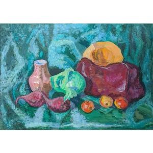 PINTURA DE NATURALEZA MUERTA Realismo socialista Pintura al óleo original del artista ucraniano soviético V.Haiduk Naturaleza muerta con verduras Arte impresionista