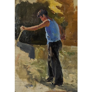 RETRATO, óleo original sobre cartón, del artista ucraniano soviético O.Zhura, siderúrgico, década de 1970.