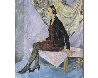 WOMAN VINTAGE PORTRAIT original painting pastel on paper by Soviet Ukrainian artist V.Kalchenko, Etude. Figure in the interior decoration