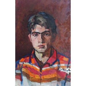 PINTURA AL ÓLEO VINTAGE pintura al óleo original del artista ucraniano I.Zaruba, Retrato de un joven con camisa Arte coleccionable de los años 70, Arte retro