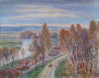 RIVER ART LANDSCAPE Vintage original painting pastel on paper by Soviet Ukrainian artist S. Hrushchenko, Road by the river