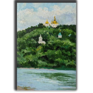 VINTAGE OIL PAINTING. Landscape, One of a kind, Original Oil Painting by Ukrainian artist B.Rybets, Сhurch on the hill, 1978