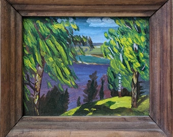 PEINTURE À L'HUILE VINTAGE Unique en son genre Peinture originale à bord de l'artiste ukrainien soviétique inconnu Rivière dans la forêt d'été. Impressionnisme