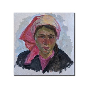 PINTURA A ÓLEO VINTAGE pintura a óleo original do artista ucraniano soviético T. Krasnaya Mulher usando um lenço Arte retrô dos anos 1970 Retrato clássico