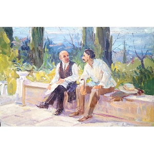 GÊNERO PINTURA VINTAGE pintura a óleo original do artista ucraniano soviético N.Volkova, V.I.Lenin e Maxim Gorky na ilha de Capri, década de 1970