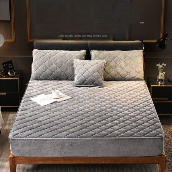 Couvre-lit matelassé épais en velours | Drap-housse de lit de couleur unie | Pour Queen King Double Matelas