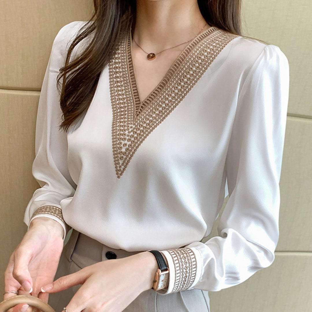 Women Lace Blouse Stand Collar Chiffon Blouse Shirt Tops Long - Etsy