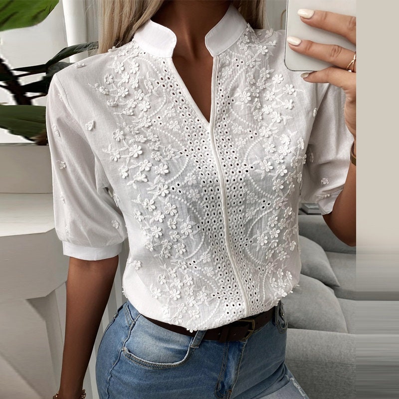 Chic Solid Hollow-out V Neck Lace Blouse Floral Patterns - Etsy