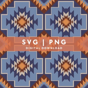 Pode incluir: Um padrão sem costura com um design geométrico em um esquema de cores azul, marrom, laranja e branco. O padrão lembra a arte nativa americana e seria ótimo para tecidos, papel de parede ou outros projetos de design.  SVG | PNG DOWNLOAD DIGITAL