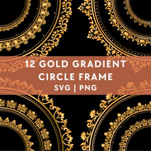 Luxury Gold Gradient Circle Frame SVG PNG Clipart, Vintage Golden Circular Round Wedding Invitation Ornament Pattern, instant download