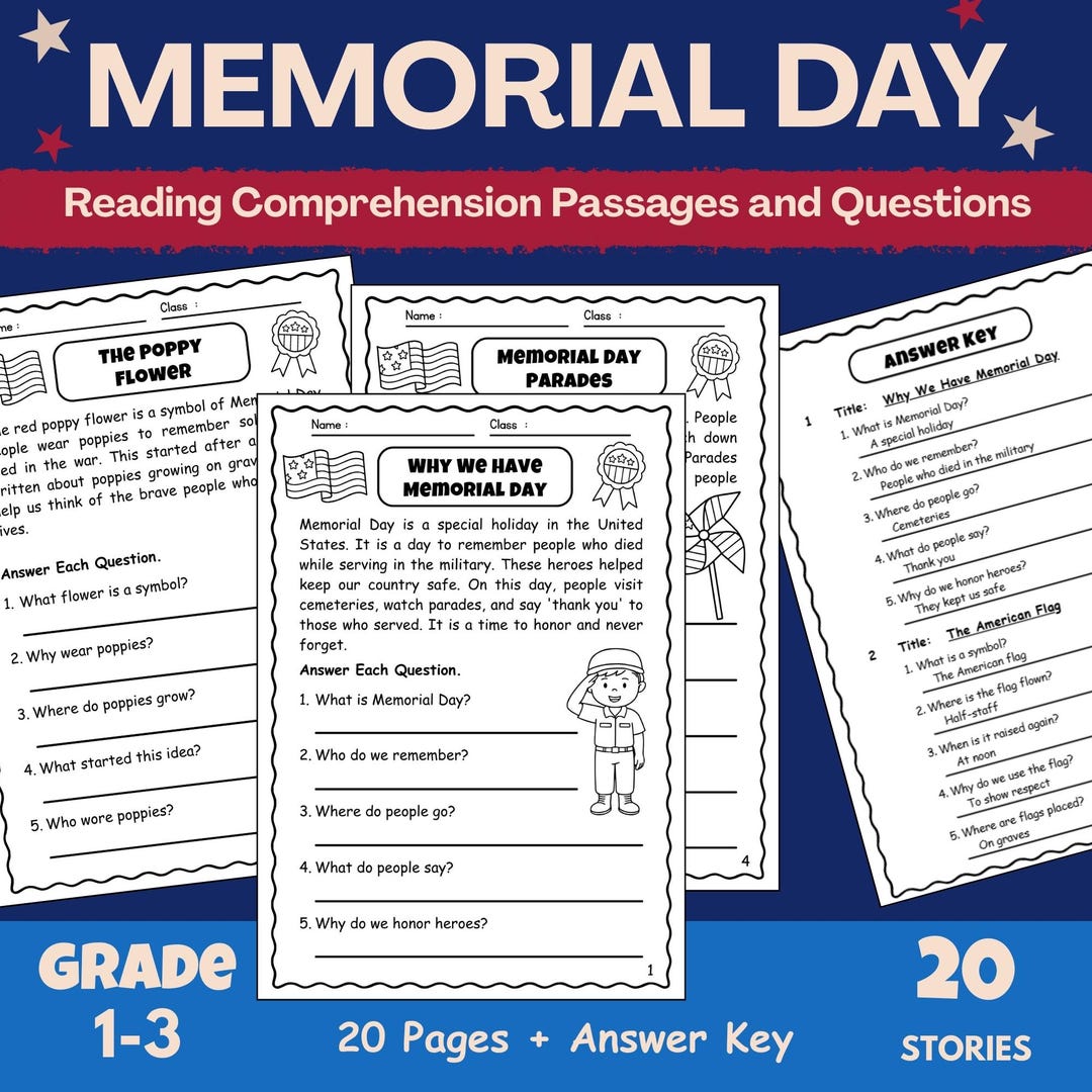 Memorial Day Reading Comprehension Worksheets, 20 Stories With 5 ...