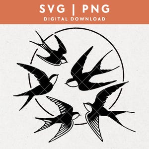 Puede incluir: Silueta de cuatro pájaros negros volando en círculo. Los pájaros son estilizados y tienen alas largas y puntiagudas. Los pájaros vuelan en el sentido de las agujas del reloj.