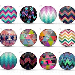 May include: Twelve colourful round buttons with different geometric patterns. The buttons are numbered 1 through 12. The patterns include zigzags, arrows, triangles, and squares.