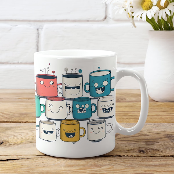 Happy Little Mugs Coffee Mug, funny Colourful Design with little cartoon mugs, Happy Gift for friends or Colleague