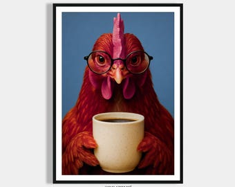 Poster dining room picture chicken drinking coffee gift house building, kitchen poster digital download wall decoration, gift coffee lover print art