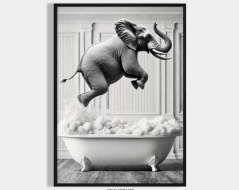 Poster Download Bathroom Decoration Guest Toilet Gift Moving House Purchase Elephant in Bathtub Housewarming Party Decoration Bathroom Print Funny