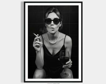 Woman sitting on toilet smoking and drinking wine - Lady Poster Vintage Print - Modern Black White Retro & Home Decoration - Wall Decoration