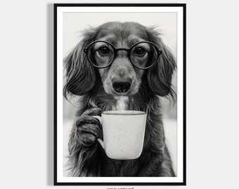 Long-haired dachshund drinking coffee poster kitchen & dining room picture, gift coffee lover, dog lover gift kitchen print digital download