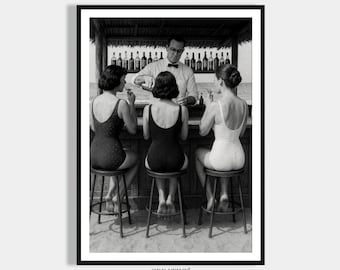 Women drinking cocktails at the bar vintage poster wall art, black and white download, three friends vintage picture, alcohol art, retro poster