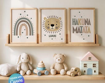 Poster Kinderzimmer 3er Set Bilder Löwe, Regenbogen, Hakuna Matata Kinderzimmer Deko, Boho Poster Set, personalisiertes Geschenk Babyparty