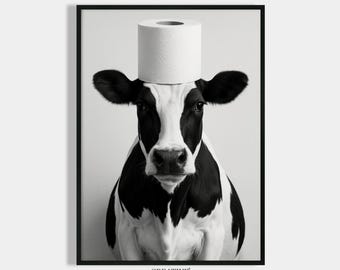Cadeau huis kopen badkamerposter koe met wc-rol op de kop gastentoilet decoratie badkamerfoto's koe housewarming cadeau verhuizen