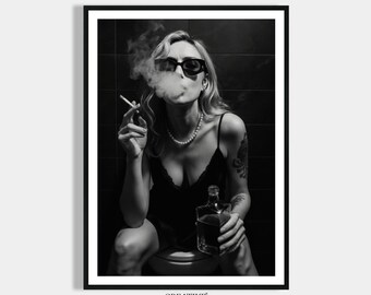 Woman smoking and drinking whiskey on toilet, poster bathroom & guest toilet decoration, trendy wall art, feminist poster vintage retro print