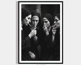 Nuns smoking cigarettes, vintage poster retro print black and white picture, retro art digital wall decoration, funny pictures home decoration