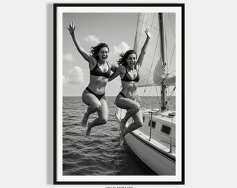 Vintage Retro Poster Black White Two Women Jumping from Yacht, Black White Print Sailboat, Retro Print Art Wall Art, Two Friends Picture