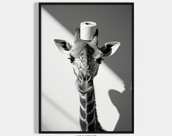 Giraffe pictures bathroom poster digital download black and white picture bathroom print giraffe toilet paper roll on the head decoration guest toilet bathroom