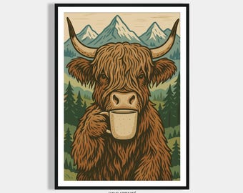 Boho Poster Decoration - Highland Cow Drinking Coffee - Kitchen Decoration Print - Dining Room Poster Digital - Gift for Coffee Lovers - Home Decoration