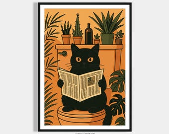 Cat reading newspaper on the toilet - Bathroom pictures download - Guest toilet decoration - Gift for housewarming party & house building - Modern wall decoration