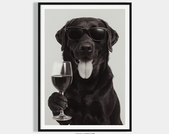 Labrador Drinking Wine Poster Digital Download, Vintage Print Retro Wall Art, Funny Pictures Printable, Printable Wall Art, Vintage Pictures