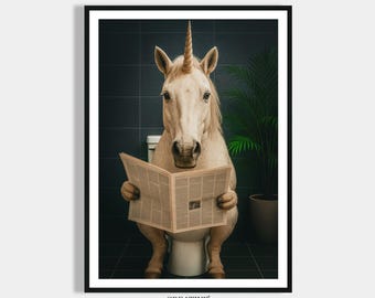 Bathroom Poster - Unicorn reading newspaper on the toilet - Bathroom Prints Art Print - Animals on the toilet - Guest toilet decoration gift house purchase