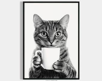 Cat Drinking Coffee Black White Print Kitchen Picture Cat Lover Gift Coffee Drinking Funny Kitty Poster Kitchen Decoration Wall Picture Funny