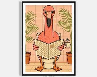 Flamingo reading newspaper on the toilet - Bathroom pictures download - Guest toilet decoration - Gift housewarming party house building - Modern wall decoration
