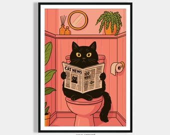 Funny Bathroom Pictures - Cat reading newspaper on the toilet - Bathroom Poster Art Print - Guest Toilet Decoration - Gift Housewarming Party Moving