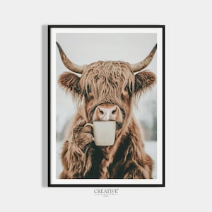 Kitchen Poster Digital Download Cow Drinking Coffee Picture Dining Room Poster Kitchen Prints Highland Cow Gift for Coffee Lovers Pictures Cows