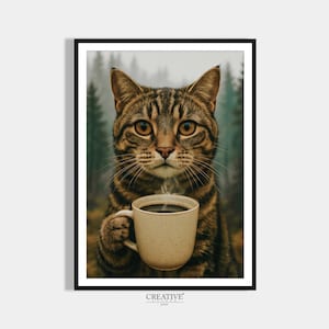 May include: Framed print of a tabby cat with a beige coffee mug filled with dark coffee. The cat has brown and black stripes and large eyes. The background shows a blurred forest scene. The print is framed in black.