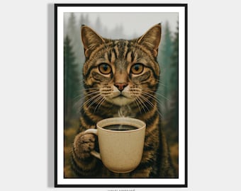 Poster Download Cat Drinking Coffee – Funny Cat Print Wall Art for the Kitchen, Digital Art for Cat Lovers & Coffee Fans Kitchen Decor