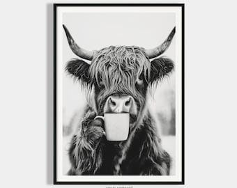 Cow drinking coffee poster download kitchen picture black and white Highland cow dining room picture kitchen decoration wall print coffee gift moving