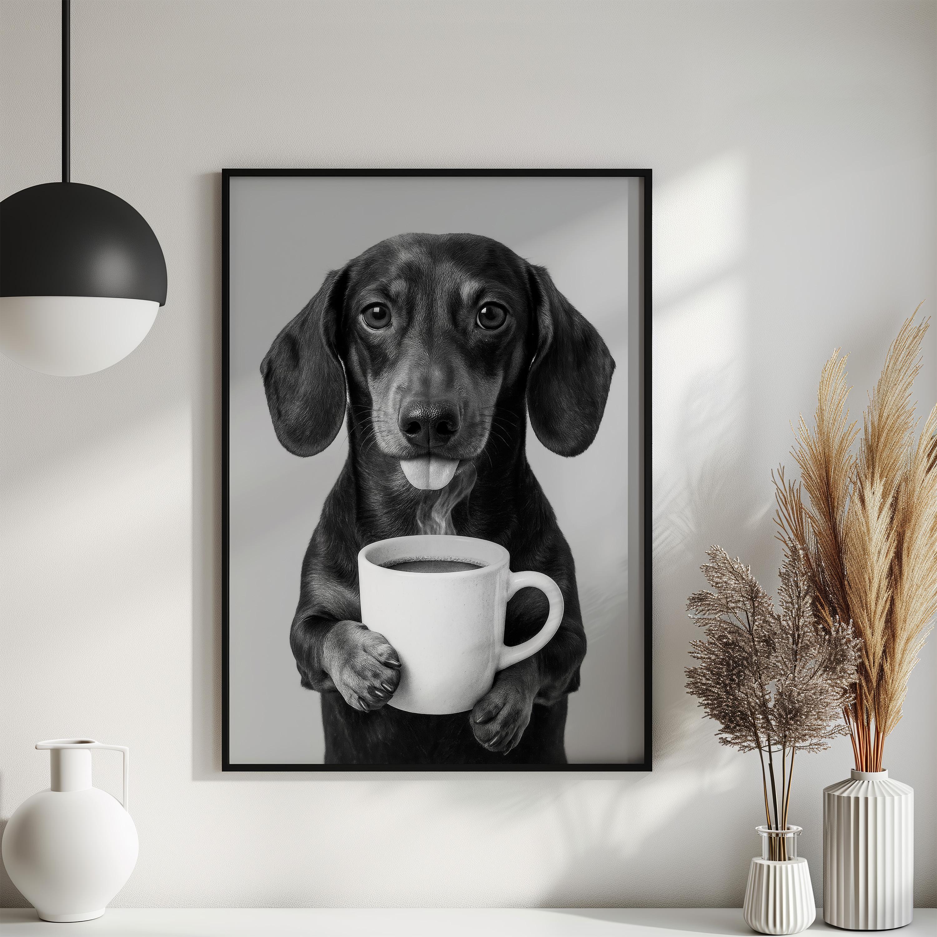 Dachshund Drinking Coffee Poster Download Wall Art, Black and White ...