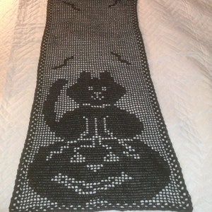 Cat in the Pumpkin Patch Rectangular Crochet Halloween Table Runner-Black-56"x18" - READY TO SHIP!