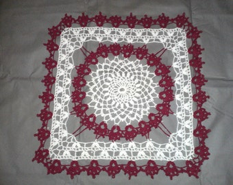 Circle in the Square Crochet Doily with Hearts-Valentine's Day-Red & White-17" - READY TO SHIP!