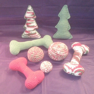 Christmas Collection - Crochet Dog Toys w/Squeakers - Bones, Balls & Christmas Trees