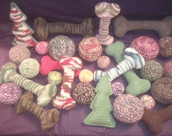 Crochet Dog Toys w/Squeakers - Bones, Balls & Trees